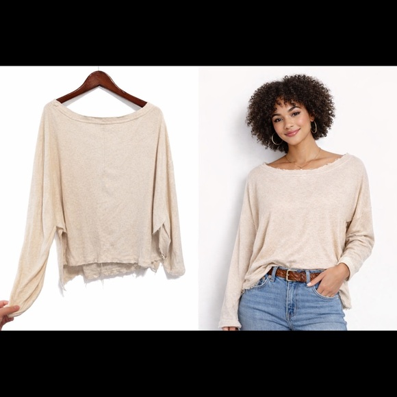 Free People Sweaters - Free People Cream Wide Boat Neck Terry Split Side Pullover Sweatshirt - Size M